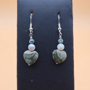 Sterling Silver Jasper Heart Stone Dangle Earrings A4730